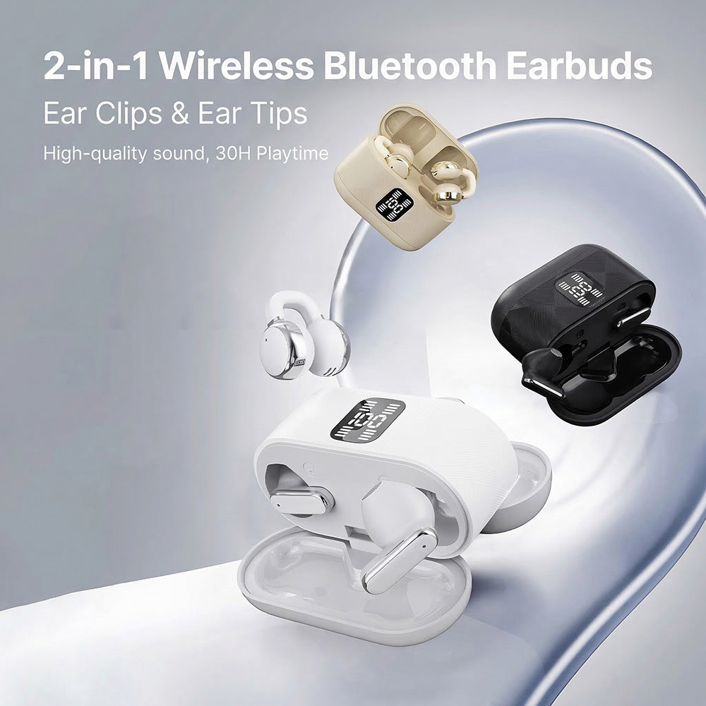 2-in-1 Langattomat Bluetooth-nappikuulokkeet KorvaklipseillÀ ja Nappikuulokkeilla | 30 Tuntia Toistoaikaa