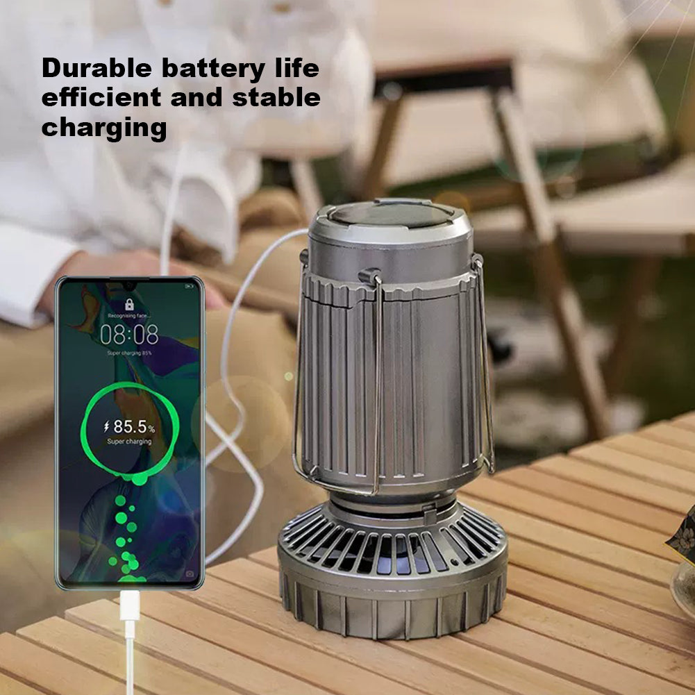 Aurinkoenergialla Toimiva Retkeilytuuletin ja -lamppu / Kannettava Venytettävä LED-valo ja Tuuletin