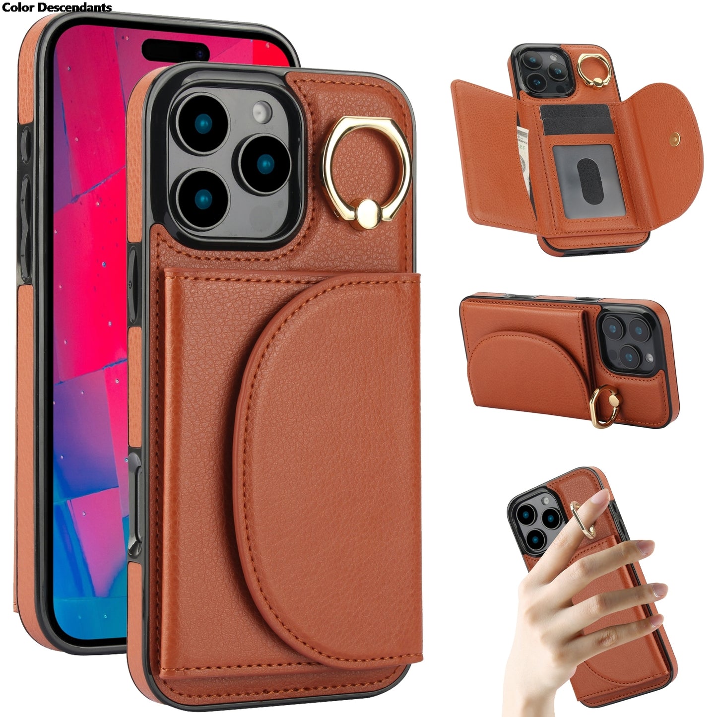 Nahkainen Rengaskorttipidikkeellä Varustettu Suojakuori / iPhone 17 Pro Max -telinekuori Korttipaikalla