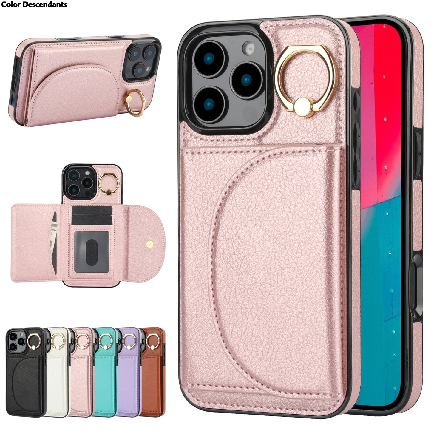 Nahkainen Rengaskorttipidikkeellä Varustettu Suojakuori / iPhone 17 Pro Max -telinekuori Korttipaikalla