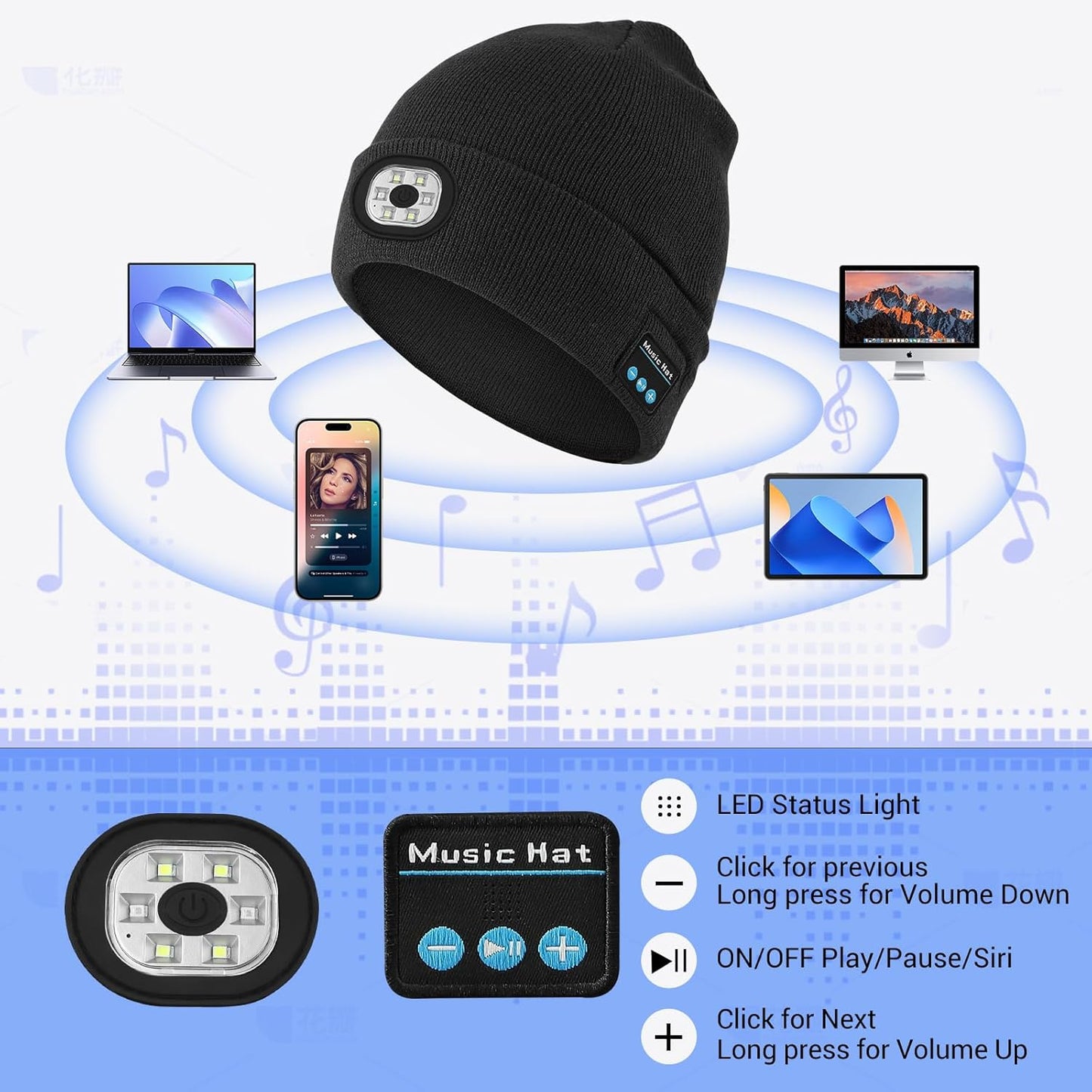 LED-valaistu Bluetooth-pipo / Hands-free Valopipo Musiikille ja Puheluille