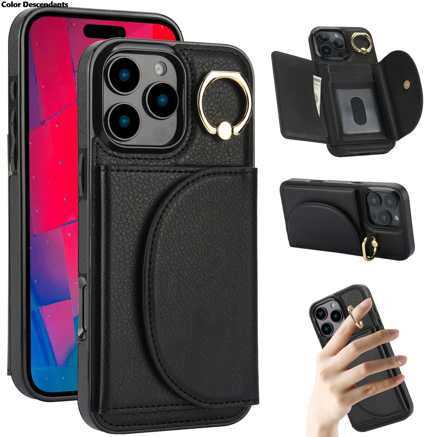 Nahkainen Rengaskorttipidikkeellä Varustettu Suojakuori / iPhone 17 Pro Max -telinekuori Korttipaikalla