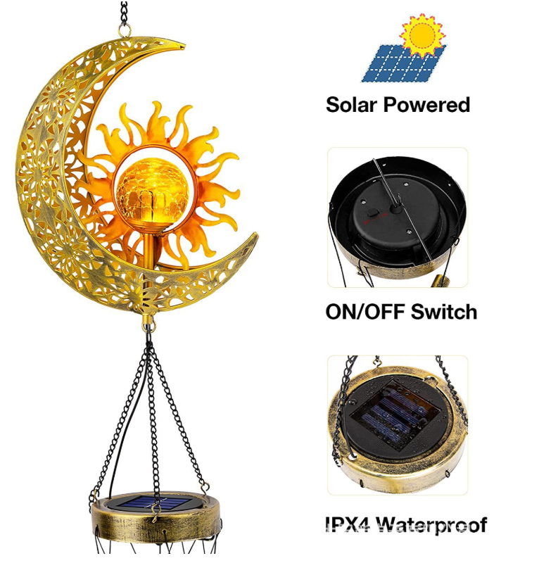 Aurinkokäyttöinen Auringon- ja Kuunmuotoinen Metalliriipus / LED-kuvio Ulkokoriste