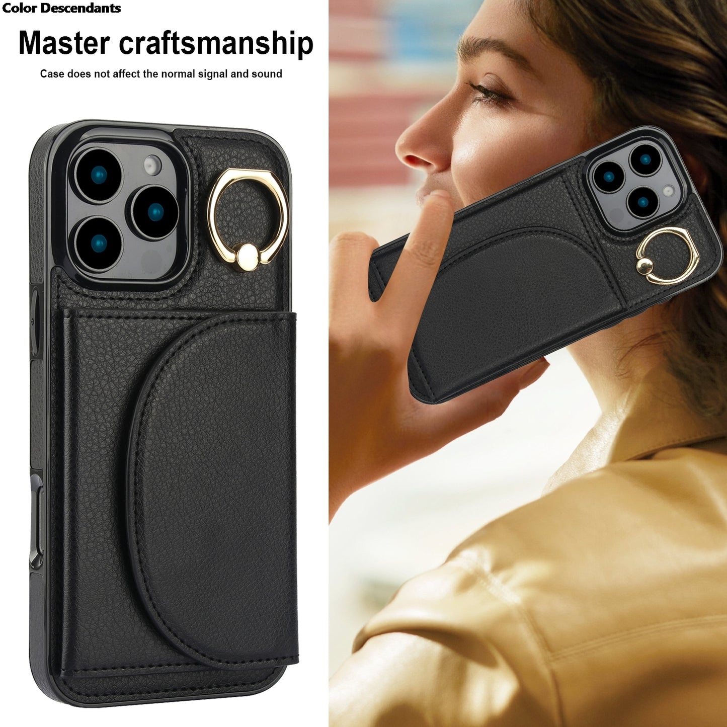 Nahkainen Rengaskorttipidikkeellä Varustettu Suojakuori / iPhone 17 Pro Max -telinekuori Korttipaikalla
