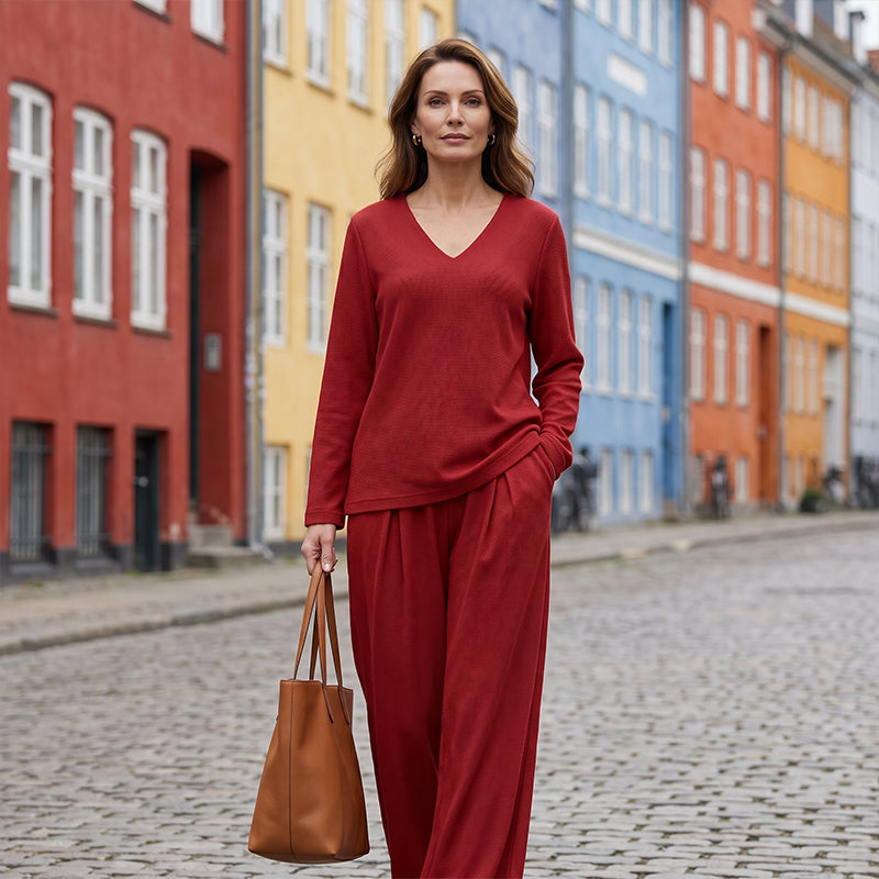✨ NEU! Damen-Loungewear-Set mit V-Ausschnitt und weitem Bein
