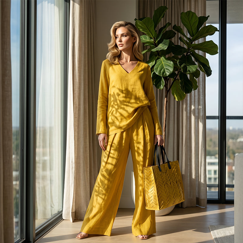 ✨ NEU! Damen-Loungewear-Set mit V-Ausschnitt und weitem Bein