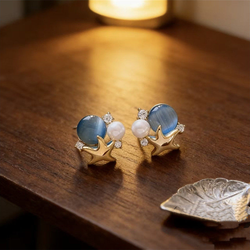 Ocean Vibes -meritähtikorvakorut - siniset cabochon- ja helmikorvakorut