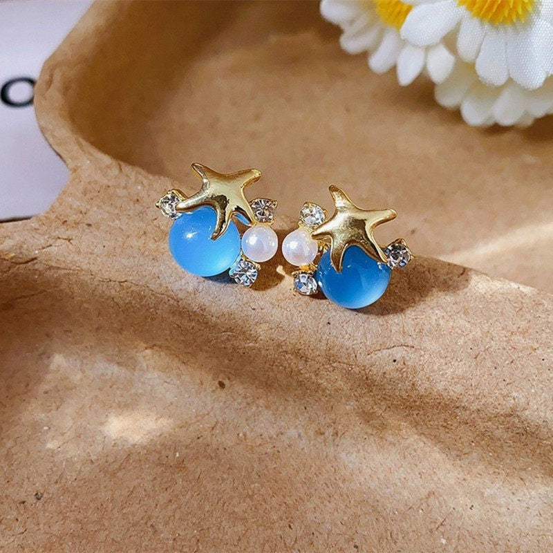 Ocean Vibes -meritähtikorvakorut - siniset cabochon- ja helmikorvakorut