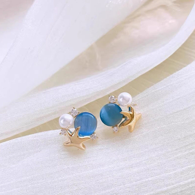 Ocean Vibes -meritähtikorvakorut - siniset cabochon- ja helmikorvakorut