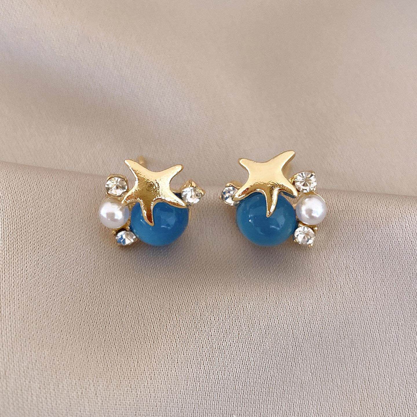 Ocean Vibes -meritähtikorvakorut - siniset cabochon- ja helmikorvakorut