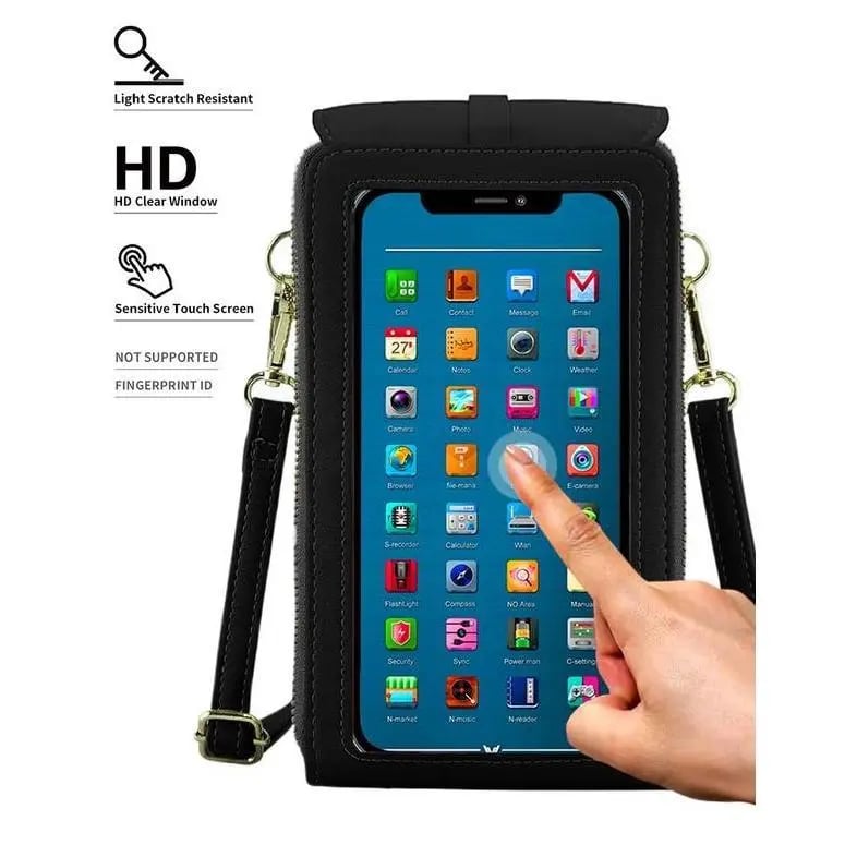👜📱 Yksinkertainen ja elegantti kosketusnäytöllinen puhelinlaukku naisille, suunniteltu kannettavaksi olkapäällä.