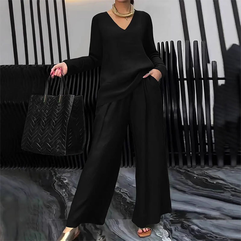 ✨ NEU! Damen-Loungewear-Set mit V-Ausschnitt und weitem Bein