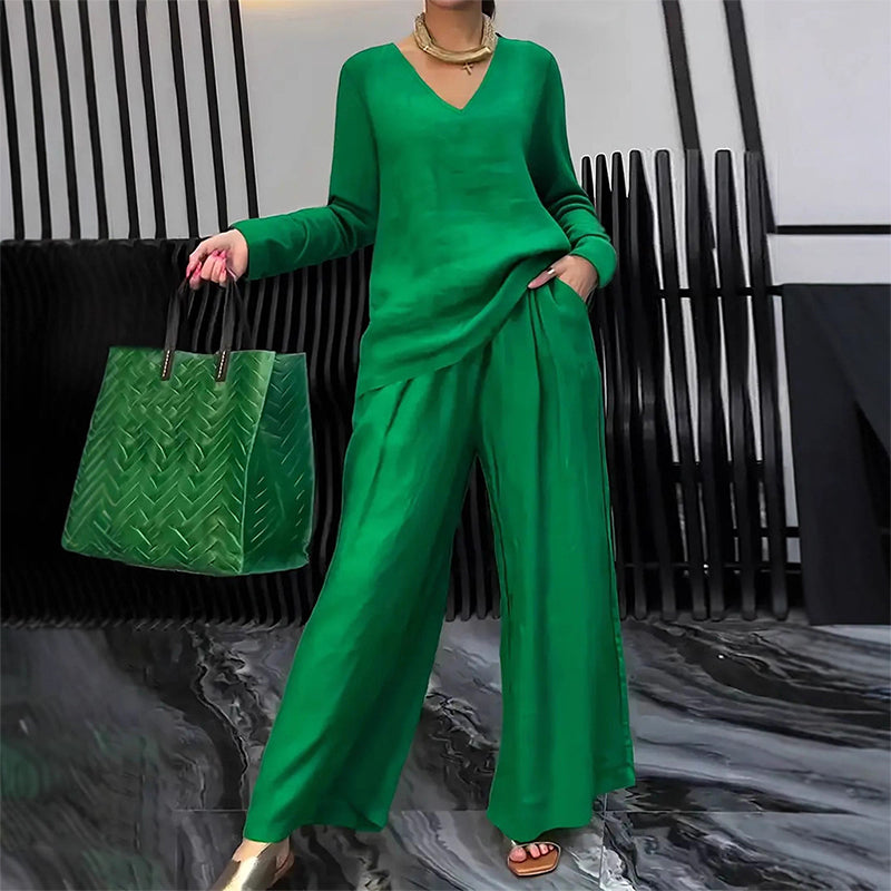 ✨ NEU! Damen-Loungewear-Set mit V-Ausschnitt und weitem Bein