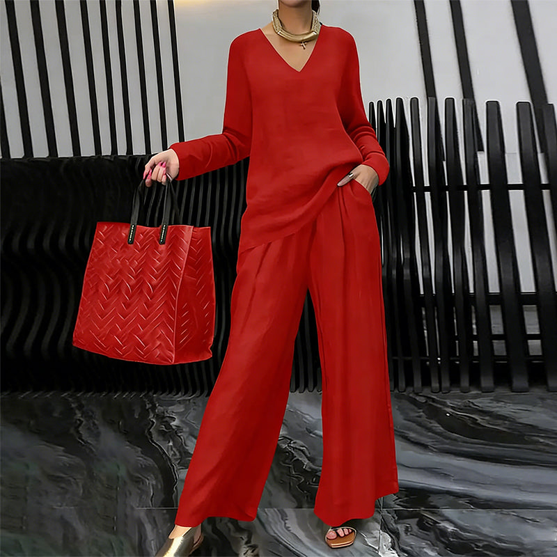 ✨ NEU! Damen-Loungewear-Set mit V-Ausschnitt und weitem Bein